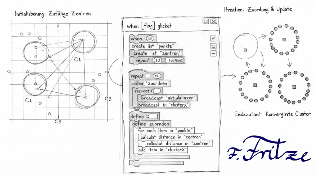 Entwicklungszeichnung k-means-clustering in Scratch